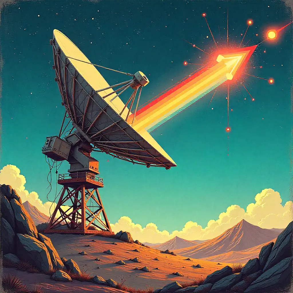 illustration vectorielle combinant une antenne satellite, une fibre optique et des icônes de routeurs