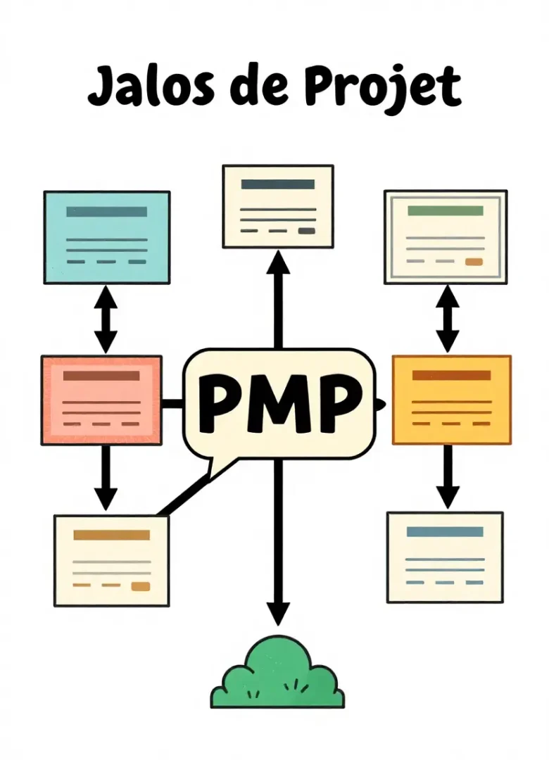 illustration vectorielle de jalons de projet et d’icônes de certification autour d’un diplôme PMP