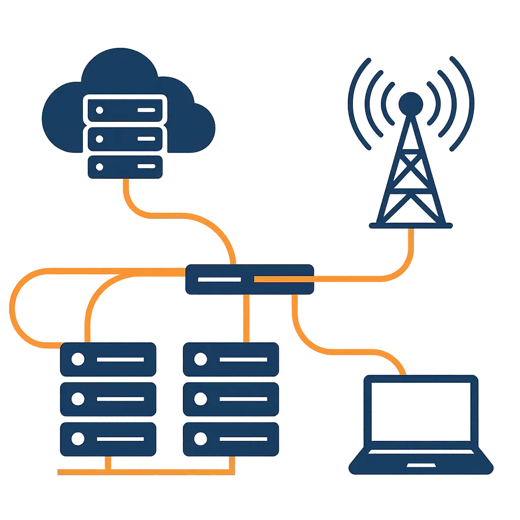 illustration vectorielle montrant un schéma d’architecture réseau avec serveurs, liaisons fibre et antenne hertzienne