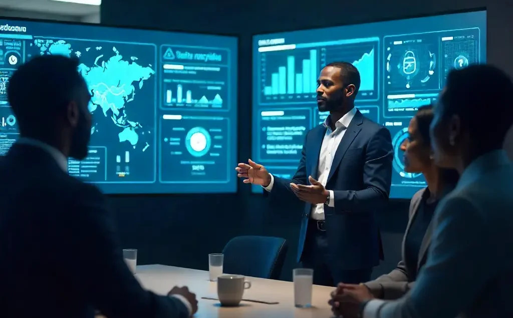 photo d’un chef de projet présentant un diagramme de Gantt sur un écran à son équipe