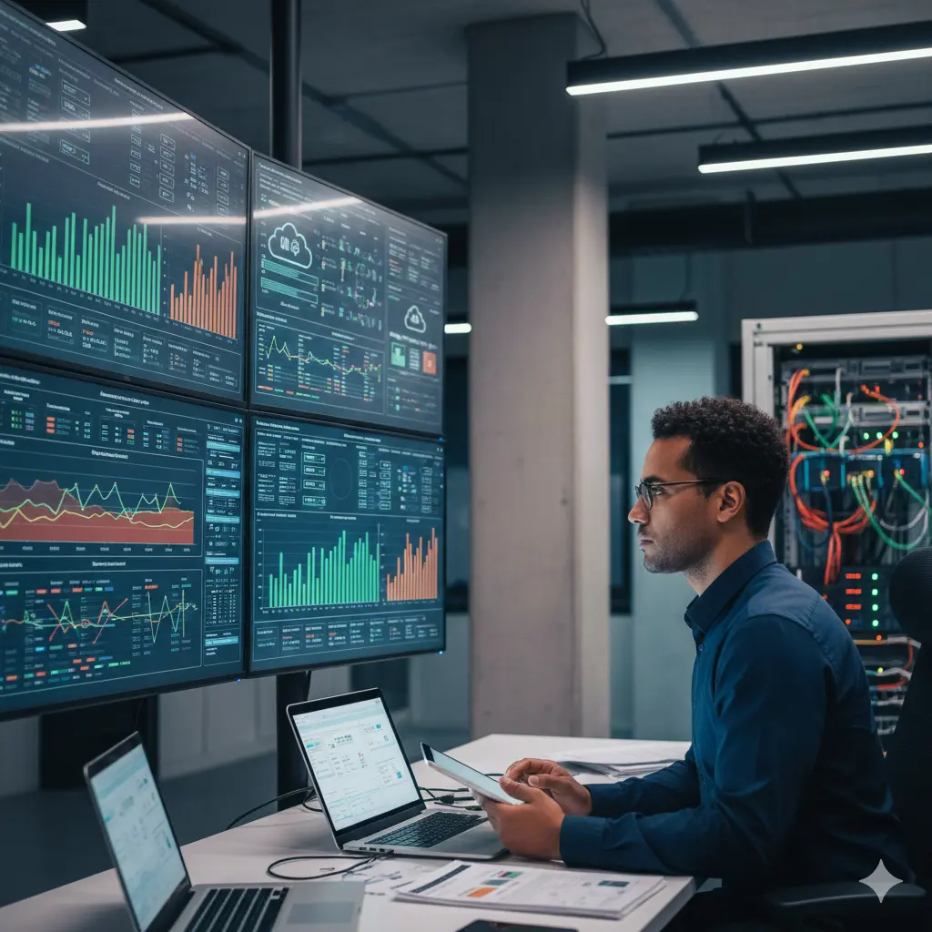 photo d’un consultant examinant des tableaux de bord de performance réseau sur plusieurs écrans