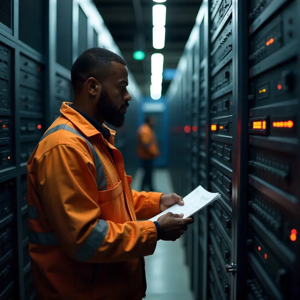photo d’un ingénieur réseau africain inspectant une baie de serveurs dans un data center moderne, avec câblage structuré et écrans de supervision