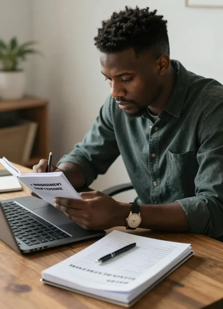 photo d’un jeune professionnel révisant un manuel de management de projet avec un ordinateur portable